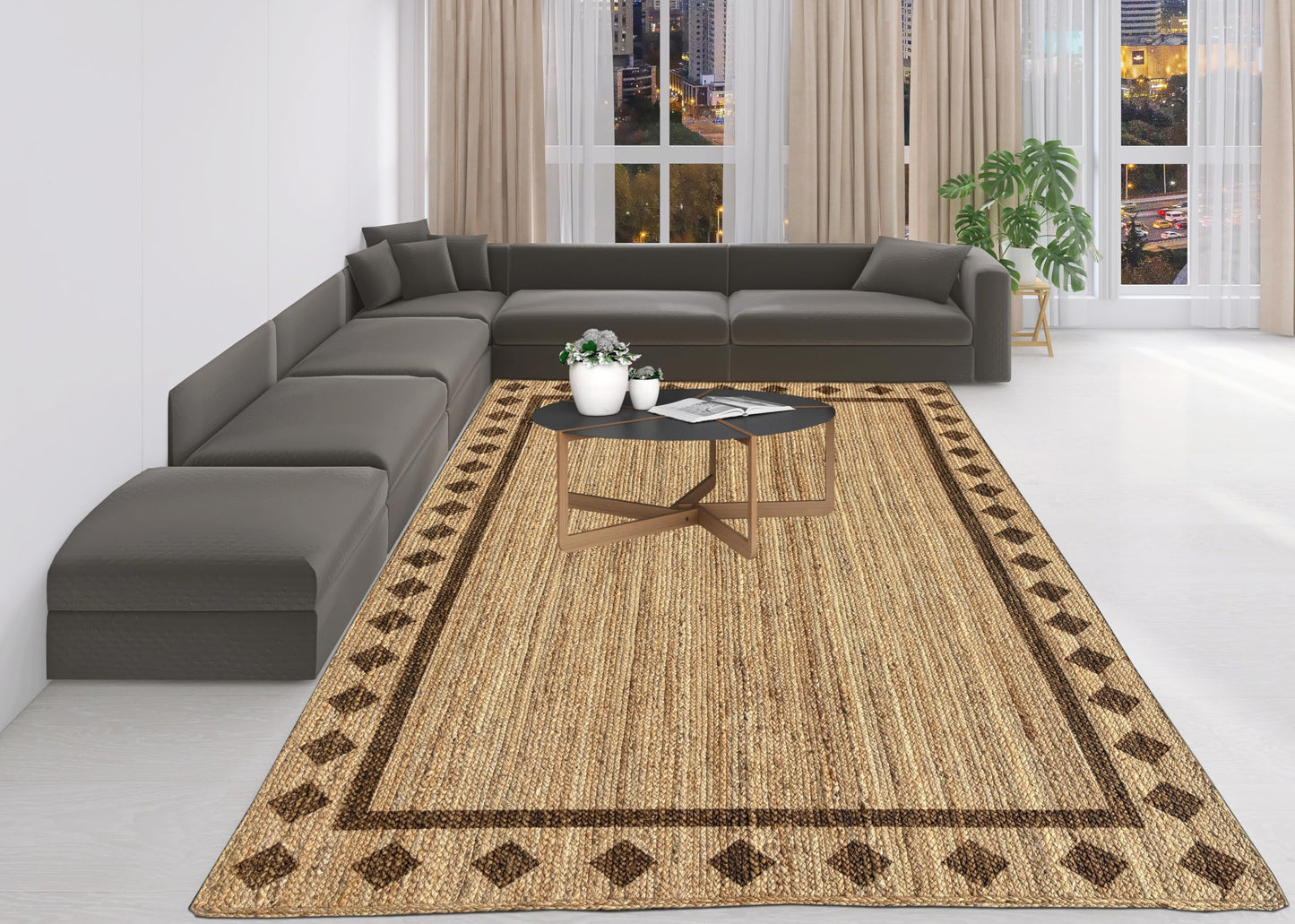 MAARSA WEAVES Handwoven Jute Area Rug, Diamond Design, Multiple Sizes, Natural