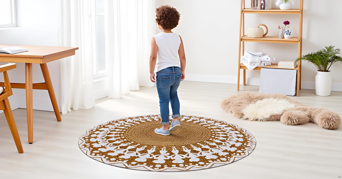 MAARSA WEAVES Handwoven Round Jute Area Rug, Natural Base, Low Pile, Multiple Sizes, 100% Jute Fiber