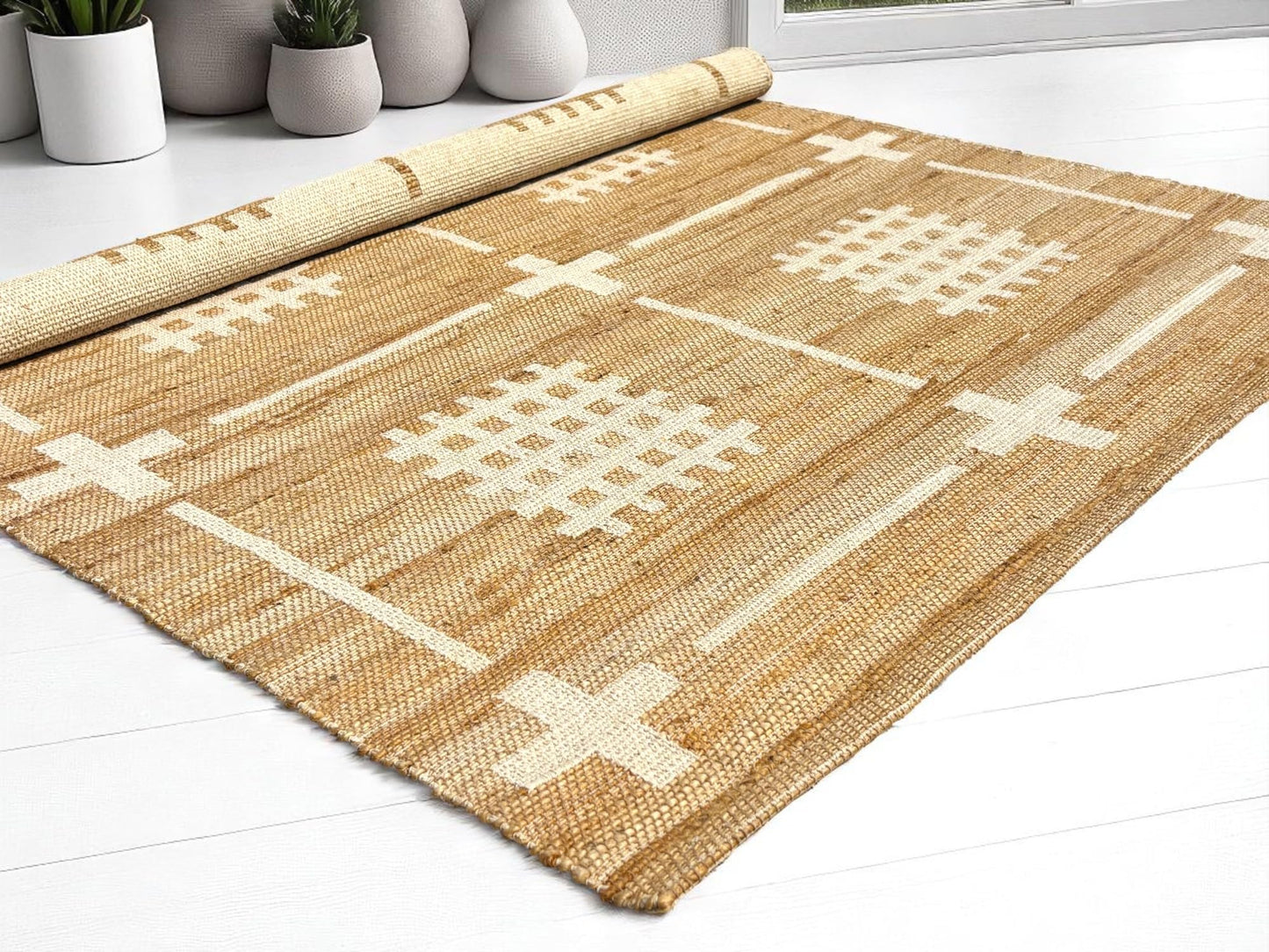 MAARSA WEAVES Jute Area Rug, Savanna Grid Design, Natural Base with Colored Threads, Multiple Sizes and Colors