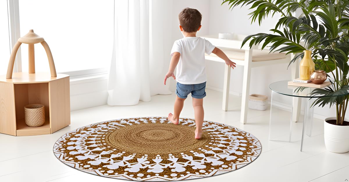 MAARSA WEAVES Handwoven Round Jute Area Rug, Natural Base, Low Pile, Multiple Sizes, 100% Jute Fiber