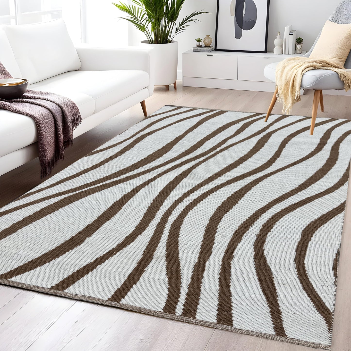 MAARSA WEAVES Area Rug, Double Tone Wave Pattern Design, Natural Base with Colored Threads, Multiple Sizes and Colors