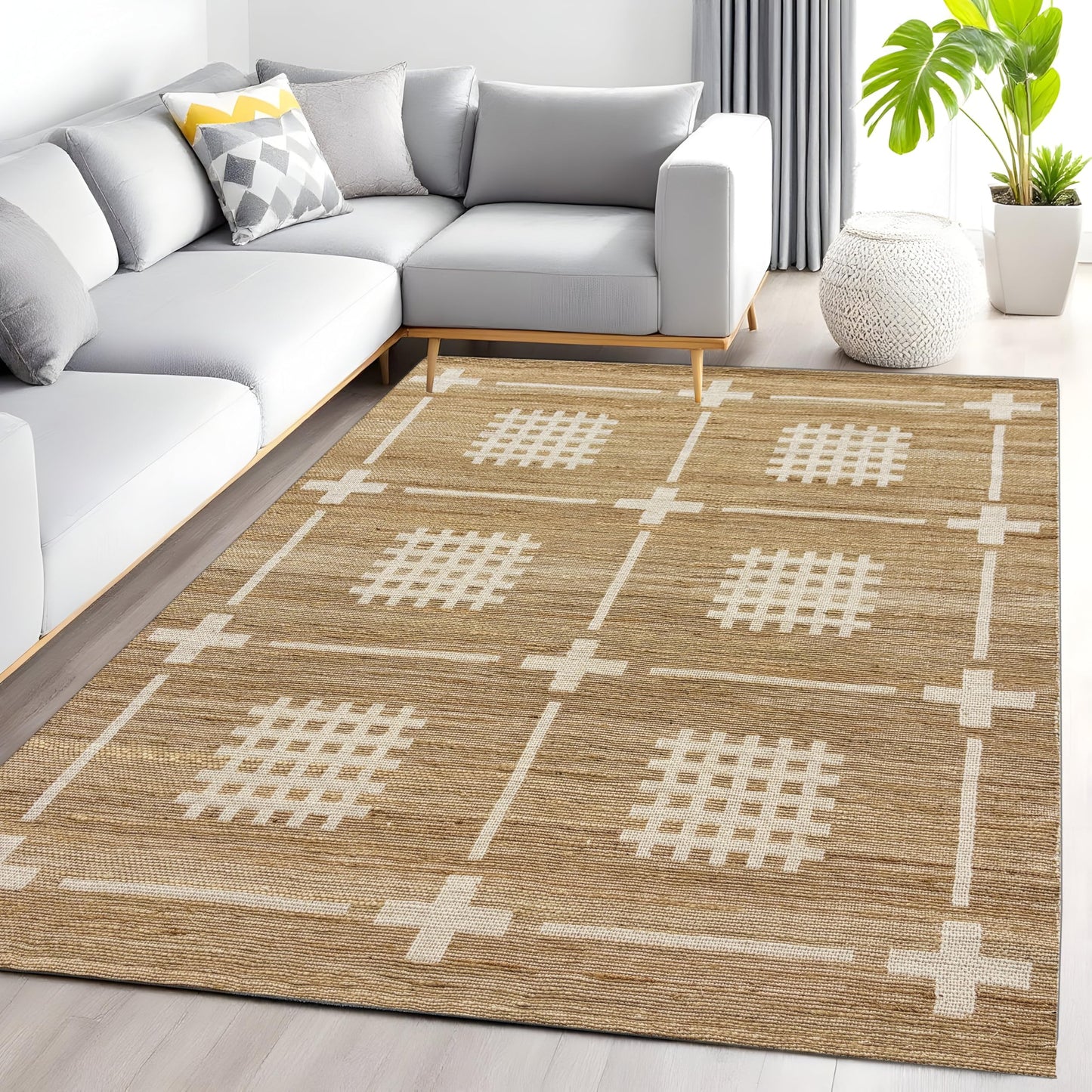 MAARSA WEAVES Jute Area Rug, Savanna Grid Design, Natural Base with Colored Threads, Multiple Sizes and Colors