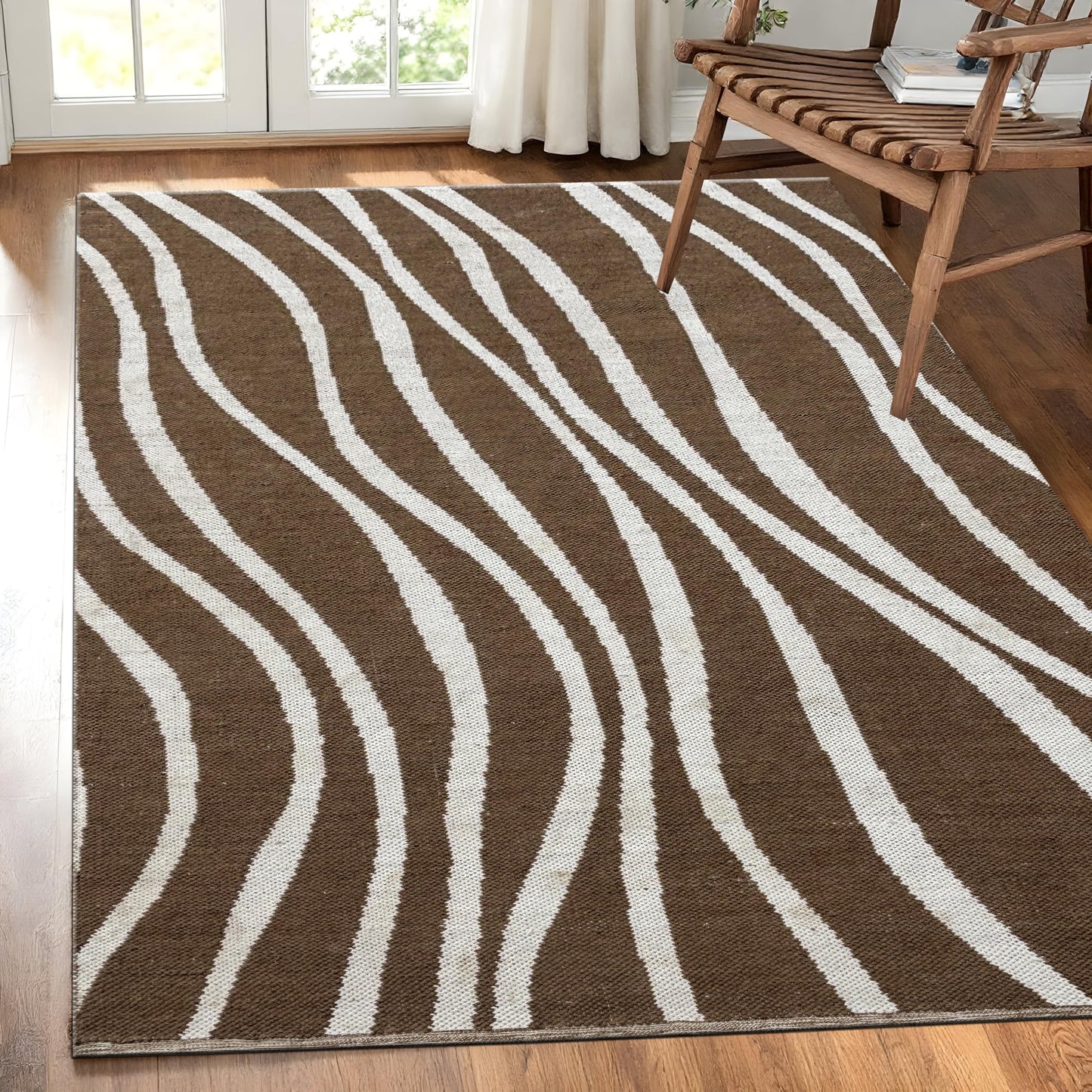 MAARSA WEAVES Area Rug, Double Tone Wave Pattern Design, Natural Base with Colored Threads, Multiple Sizes and Colors