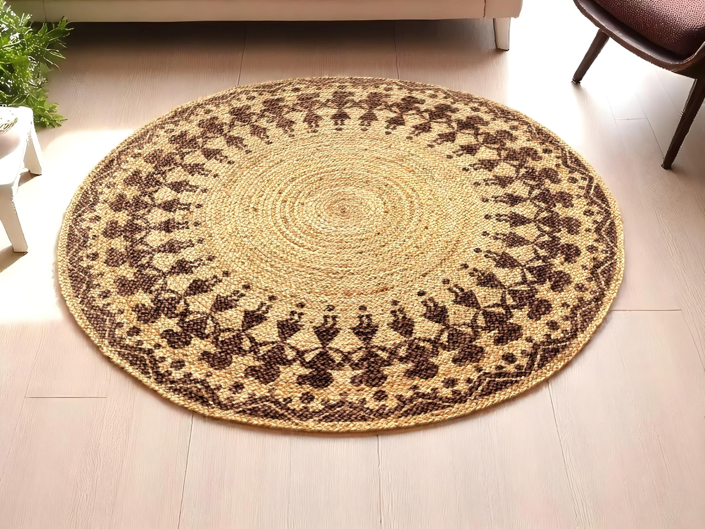 MAARSA WEAVES Handwoven Round Jute Area Rug, Natural Base, Low Pile, Multiple Sizes, 100% Jute Fiber