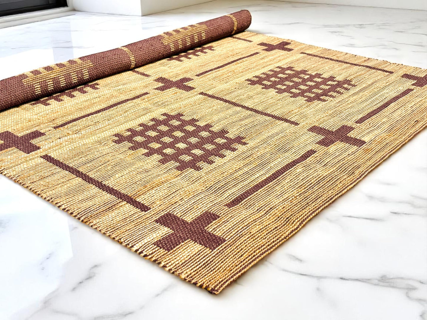 MAARSA WEAVES Jute Area Rug, Savanna Grid Design, Natural Base with Colored Threads, Multiple Sizes and Colors