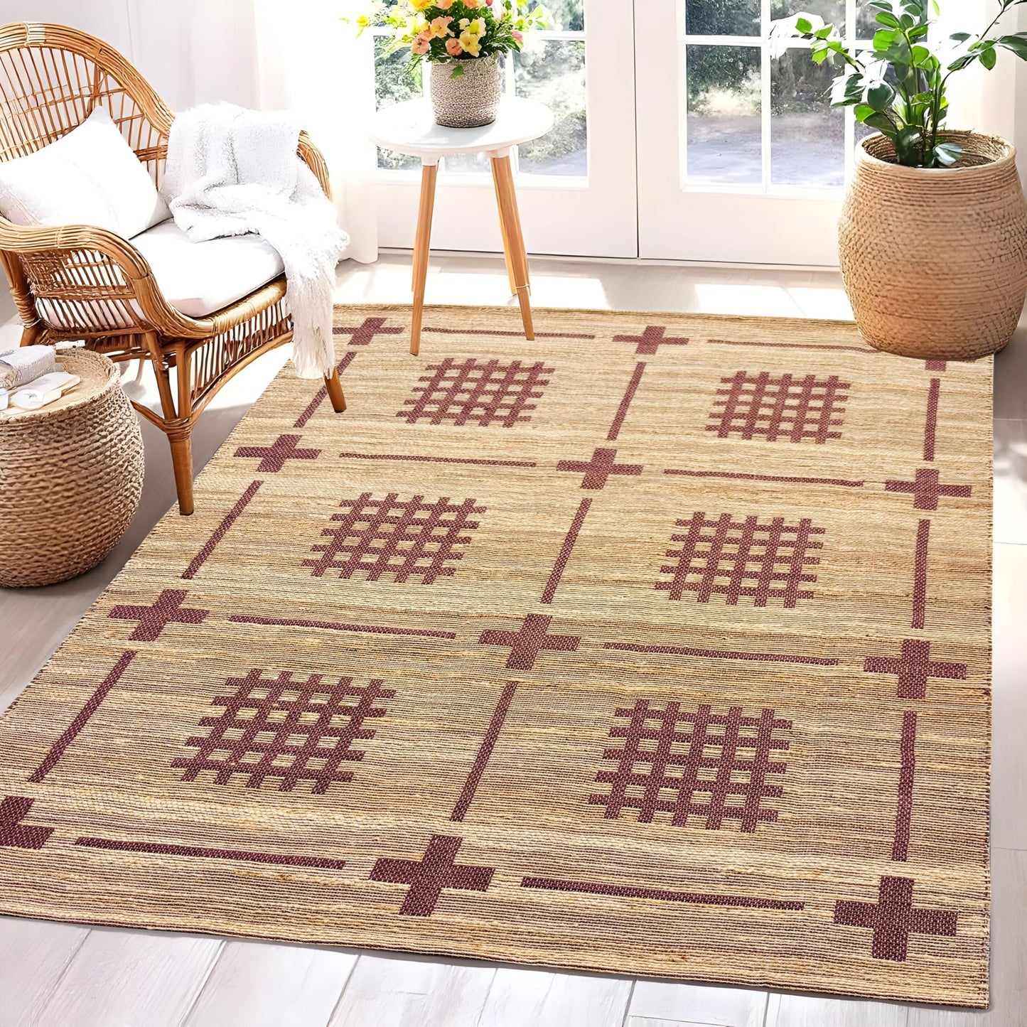 MAARSA WEAVES Jute Area Rug, Savanna Grid Design, Natural Base with Colored Threads, Multiple Sizes and Colors
