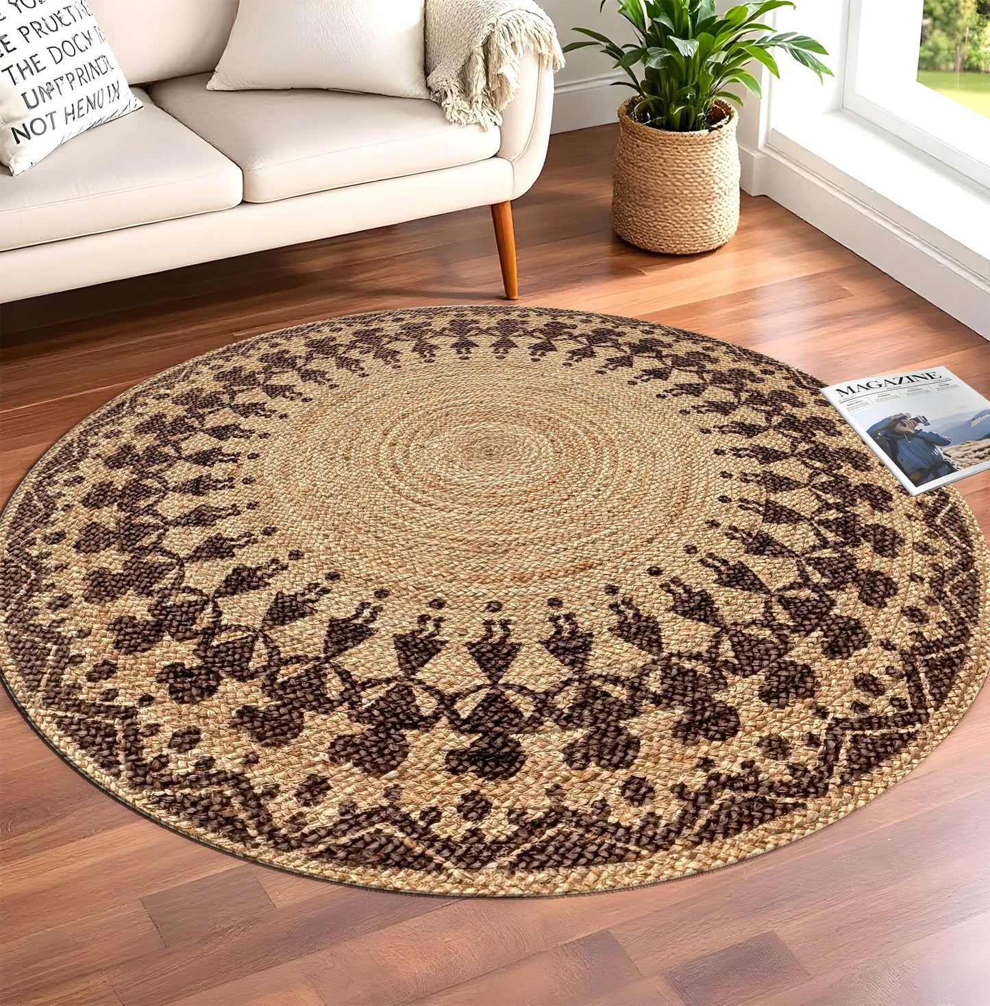 MAARSA WEAVES Handwoven Round Jute Area Rug, Natural Base, Low Pile, Multiple Sizes, 100% Jute Fiber