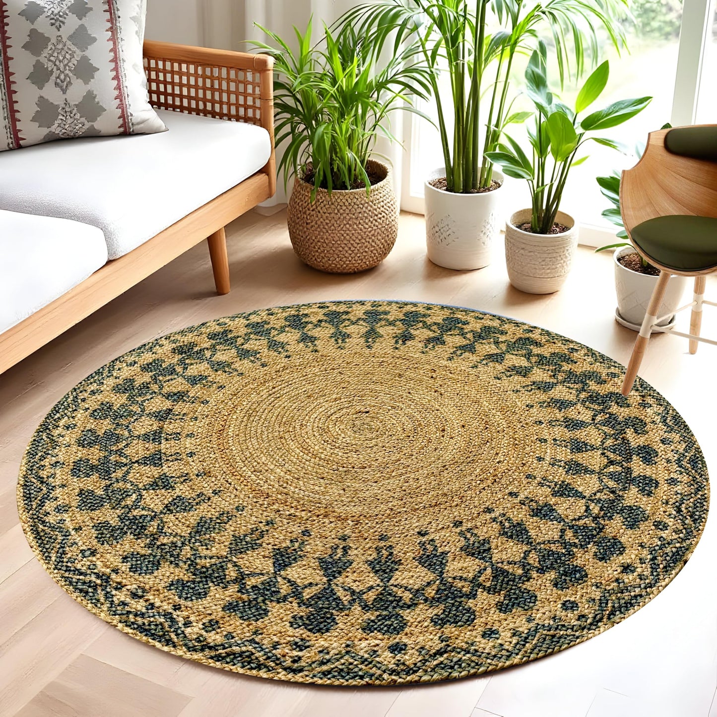 MAARSA WEAVES Handwoven Round Jute Area Rug, Natural Base, Low Pile, Multiple Sizes, 100% Jute Fiber