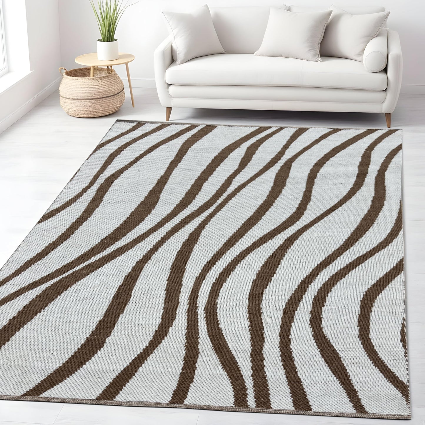 MAARSA WEAVES Area Rug, Double Tone Wave Pattern Design, Natural Base with Colored Threads, Multiple Sizes and Colors