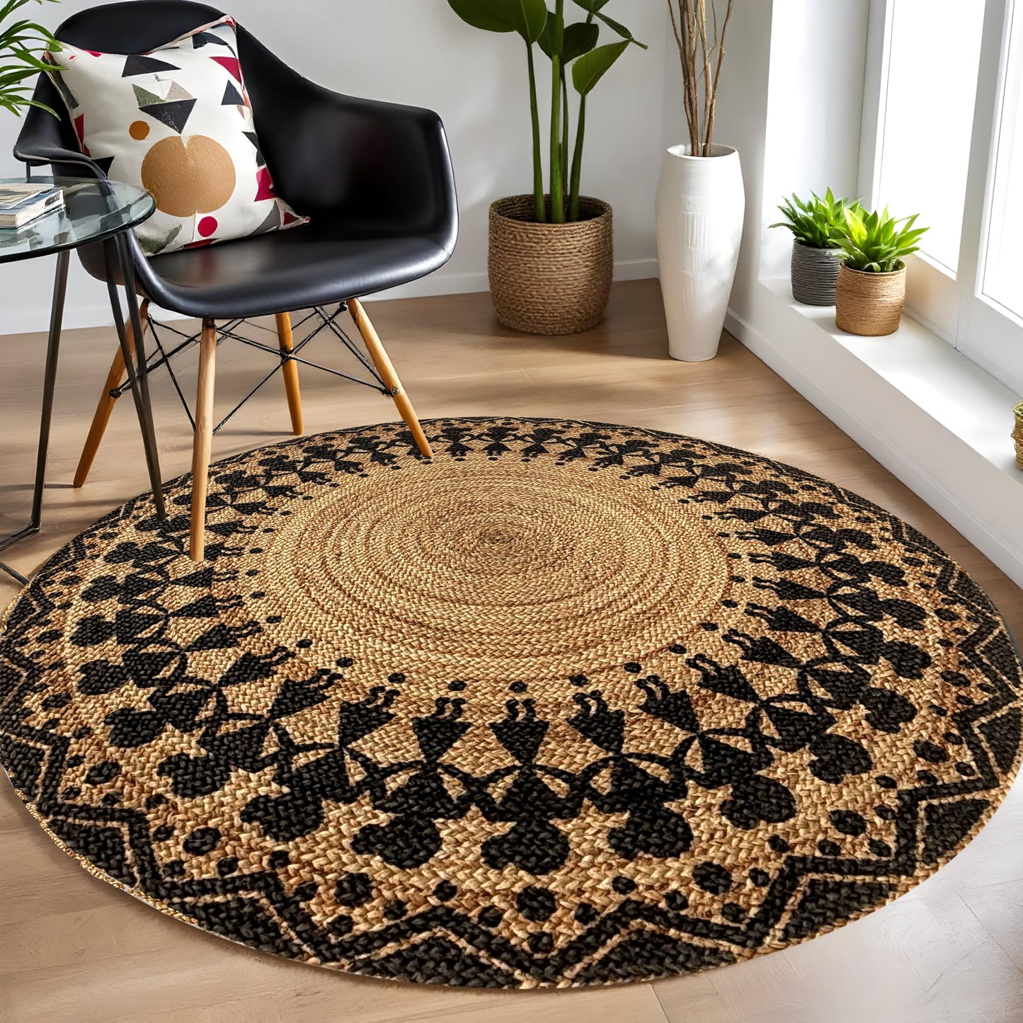 MAARSA WEAVES Handwoven Round Jute Area Rug, Natural Base, Low Pile, Multiple Sizes, 100% Jute Fiber