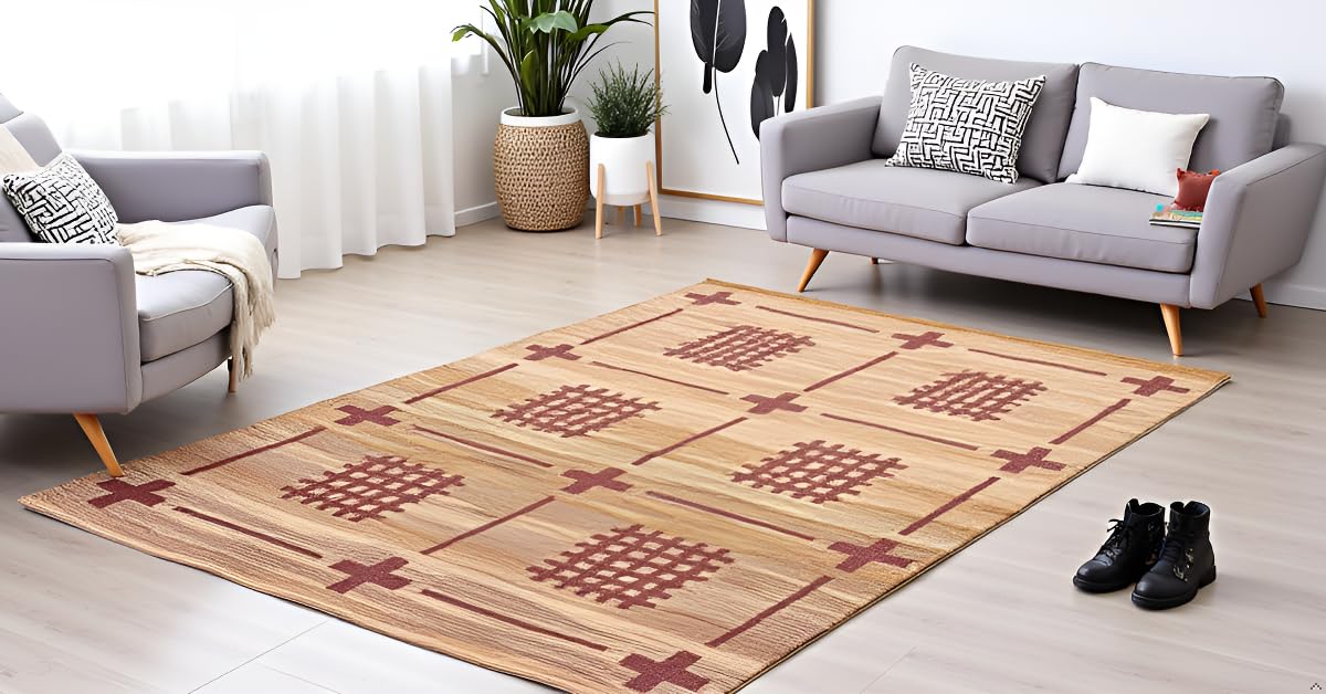 MAARSA WEAVES Jute Area Rug, Savanna Grid Design, Natural Base with Colored Threads, Multiple Sizes and Colors