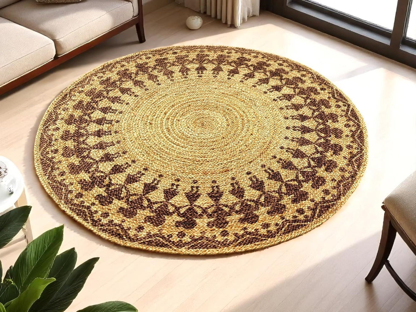 MAARSA WEAVES Handwoven Round Jute Area Rug, Natural Base, Low Pile, Multiple Sizes, 100% Jute Fiber