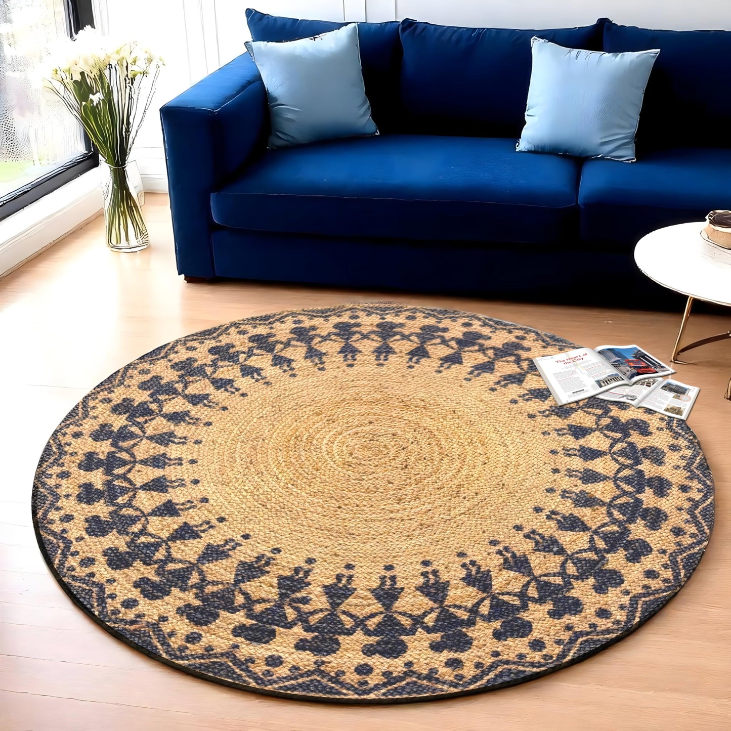 MAARSA WEAVES Handwoven Round Jute Area Rug, Natural Base, Low Pile, Multiple Sizes, 100% Jute Fiber