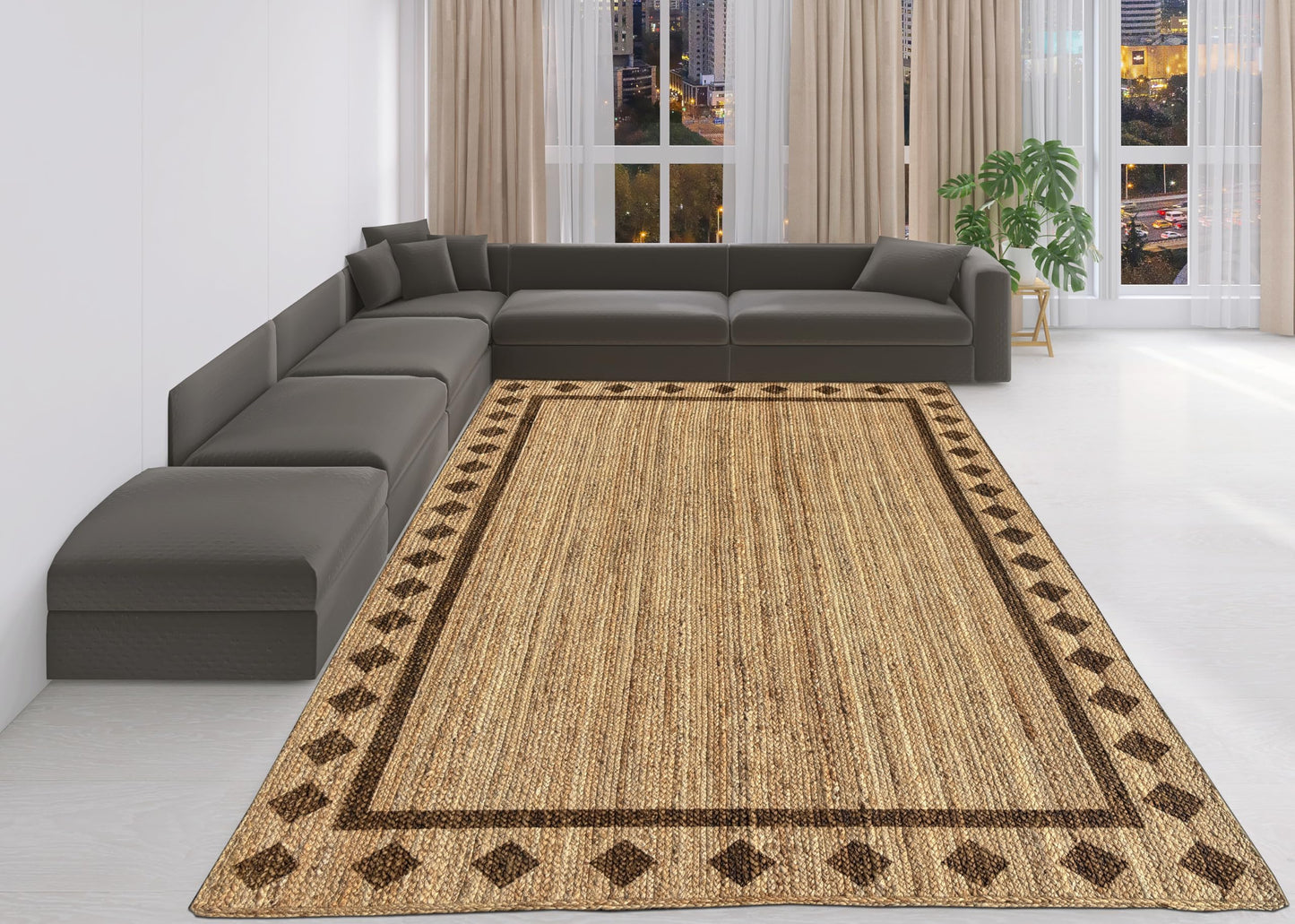 MAARSA WEAVES Handwoven Jute Area Rug, Diamond Design, Multiple Sizes, Natural