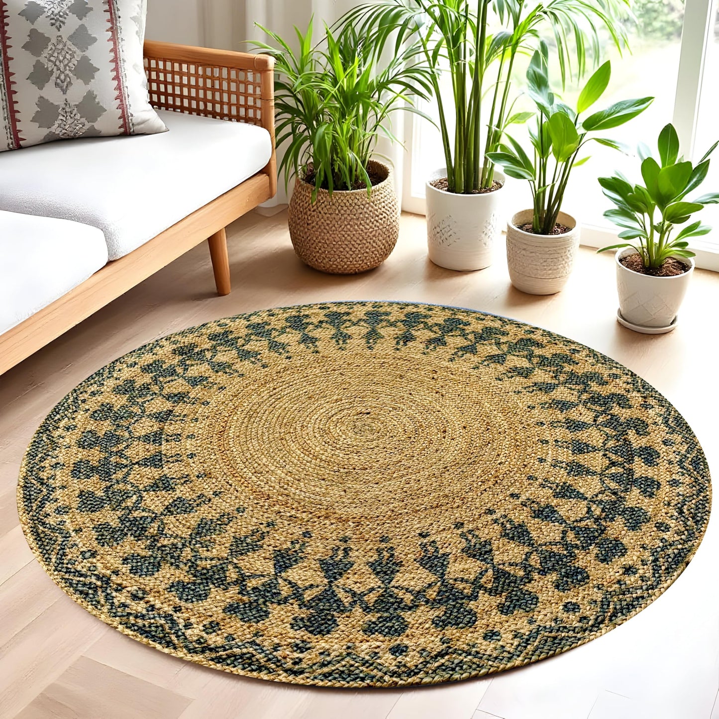 MAARSA WEAVES Handwoven Round Jute Area Rug, Natural Base, Low Pile, Multiple Sizes, 100% Jute Fiber