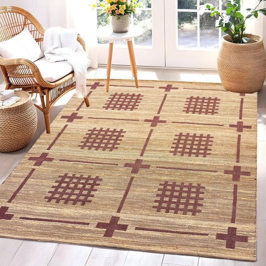 MAARSA WEAVES Jute Area Rug, Savanna Grid Design, Natural Base with Colored Threads, Multiple Sizes and Colors